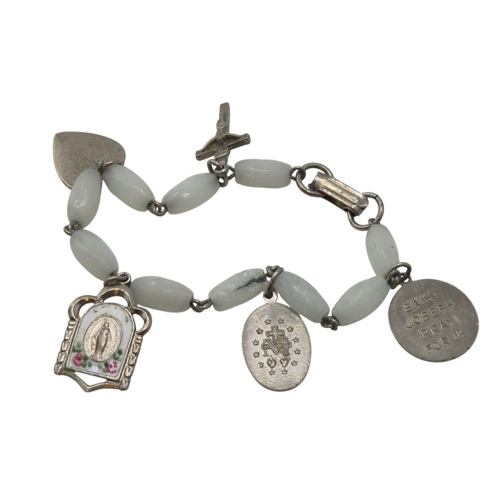 Vintage Catholic Charm Bracelet Saint Joseph  Cross Rosary Style Pale Blue Glass
